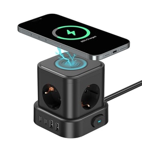4'lü Priz Küp Çoklayıcı 2 USB 2 Type-C 5W Kablosuz Şarjlı 2 Metre Kablolu Akım Korumalı Priz (Siyah)