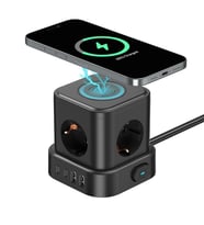 4'lü Priz Küp Çoklayıcı 2 USB 2 Type-C 5W Kablosuz Şarjlı 2 Metre Kablolu Akım Korumalı Priz (Siyah)