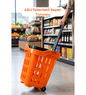 43 LT Tekerlekli Market Sepeti Plastik Alışveriş Sepeti Ergonomik Çift Saplı Turuncu