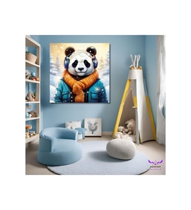 Tekli Kare Kanvas Çocuk Odası Müzik Dinleyen Panda Tasarımı
