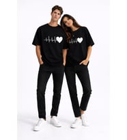 Sevgili Kombini Kalp Ritmi Baskılı Çift Tişört Oversize Unisex Partner Kombin Çift Seti (Siyah)