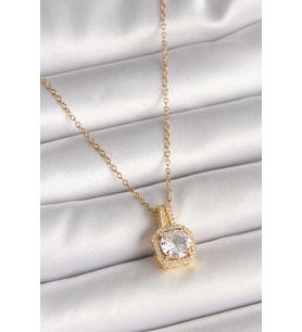 316L Çelik Gold Renk Zincir Zirkon Taşlı Kare Model Kadın Kolye - TJ-BKO9956