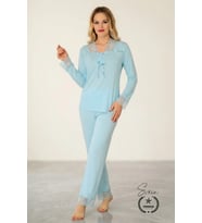 #Pijama Turkuaz Saten Kadın Pijama Takımı Rahat Ev Giyim Günlük ve Çeyizlik Nefes Alabilen Yumuşak
