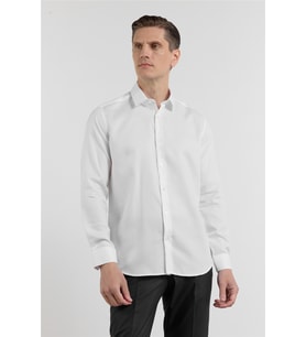Beyaz Uzun Kol Sert Yaka Kendinden Desenli %100 Pamuk Slim Fit Gömlek 1004255202