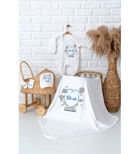 Pia Baby Premium  %100 Pamuk İsme Özel Erkek Bebek Hastane Çıkışı Bebek Hediye Seti 5019-05 (Ekru)