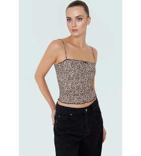 Kadın Yazlık Crop Bluz Örme Kumaş Leopar Desenli Fitted Günlük Kullanım İçin Premium Kalite (Kahverengi)