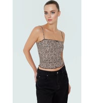 Kadın Yazlık Crop Bluz Örme Kumaş Leopar Desenli Fitted Günlük Kullanım İçin Premium Kalite (Kahverengi)