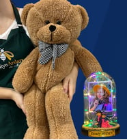 Kişiye Özel Renkli Led Işıklı Fanus ve Büyük Boy Kahverengi Peluş Ayıcık (Model 5)