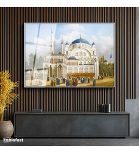 Gümüş Renk Metal Çerçeveli Tamperli Cam Tablo Tarihi Külliye Meydanı Osmanlı Tablosu Duvar Dekoru