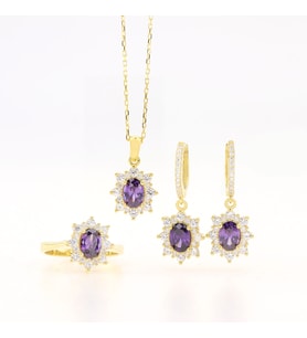 925 Ayar Gümüş Oval Ametist Taşlı Gold Anturaj Gümüş Set