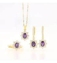 925 Ayar Gümüş Oval Ametist Taşlı Gold Anturaj Gümüş Set
