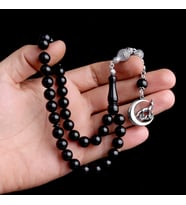 925 Ayar Gümüş Hilal Kurt Model Püsküllü Ateş Kehribar Tesbih