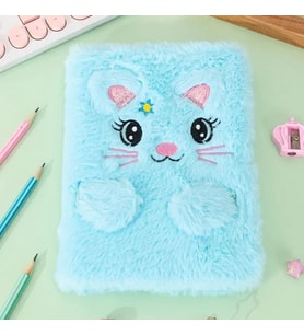 Çılgıntrend Peluş Çizgili Kedi Tasarımlı Defter (Mavi)