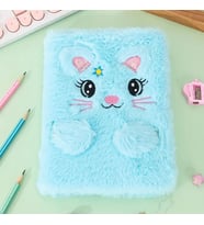 Çılgıntrend Peluş Çizgili Kedi Tasarımlı Defter (Mavi)