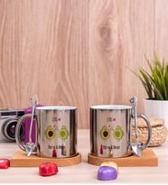 Kişiye Özel Sevimli Avokado Desenli İkili Ahşap Altlıklı Silver Kupa