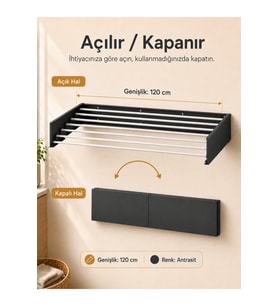 Çamaşır Kurutma Askısı Katlanır Duvara Monte Balkon Banyo Askılık Duvar Tipi Yer Tasarruflu Çamaşırlık 120 cm Belize Antrasit