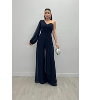 Şifon Kumaş Tek Kol Detaylı Tulum - LACİVERT