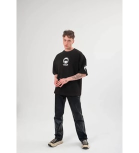 Unisex Bisiklet Yaka Baskılı Oversize T-Shirt - Siyah