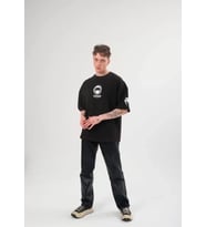 Unisex Bisiklet Yaka Baskılı Oversize T-Shirt - Siyah