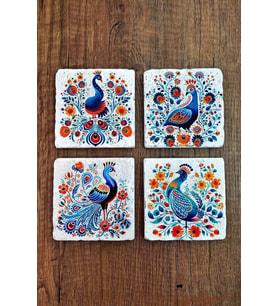 Doğal Taş Bardak Altlığı 4'lü Set 10x10x1 cmRenkli Tavus Kuşları Baskılı-Stone Coasters