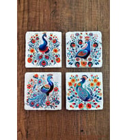 Doğal Taş Bardak Altlığı 4'lü Set 10x10x1 cmRenkli Tavus Kuşları Baskılı-Stone Coasters