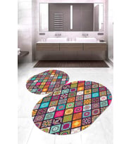 Dijital Baskılı Kaymaz Taban Yıkanabilir Oval 2'li Klozet Takımı Banyo Paspası NOKZ-HS-535 (Çok Renkli)