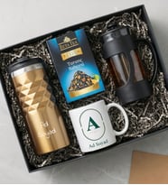 Kişiye Özel Gold Geometrik Termos & Baskılı Kupa & French Press & Aromalı Çay Hediye Seti