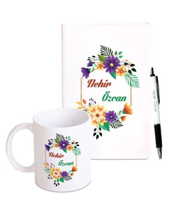 Kişiye Özel Beyaz Deri Defter &  Metal Tükenmez Kalem & Kupa Bardak