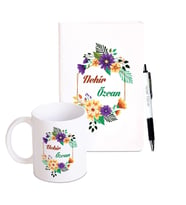 Kişiye Özel Beyaz Deri Defter &  Metal Tükenmez Kalem & Kupa Bardak