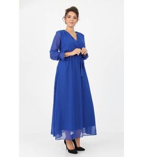 Neşeli Butik Kadın Kruvaze Yaka Bağlama Detaylı Yeni Sezon Uzun Şifon Elbise KTS003 (Saks)