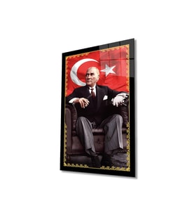 Atatürk Portre ve Türk Bayrağı Cam Tablo Modern Ev Ofis Salon Hediyelik Büyük Tablo Duvar Dekoru (Çok Renkli)