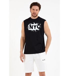 Erkek Bisiklet Yaka Regular Fit NYC Baskılı Tişort SPR22TS124 (Siyah)