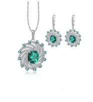 Zümrüt Oval Taşlı Luxury Vintage Kadın Gümüş Kolye Küpe Set