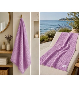 Ege Esintisi Yaprak Jakarlı Plaj & Banyo Havlusu - Lavanta Bahçesi %100 Pamuk