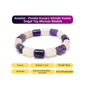 SERTİFİKALI Ametist ve Pembe Kuvars Silindir Kesim Doğal Taş Misinalı Bileklik