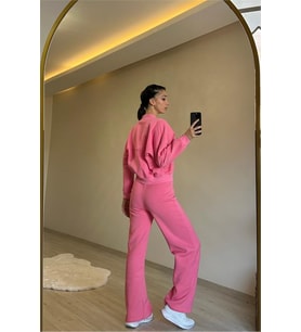 Neşeli butik kadın fermuarlı oversize sweat ve yüksek bel eşofman takımı NM018 (Pembe)