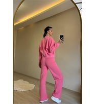 Neşeli butik kadın fermuarlı oversize sweat ve yüksek bel eşofman takımı NM018 (Pembe)