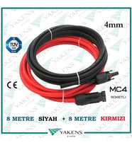 Mc4 Soketli (8m+8m) 16 Metre 4mm Güneş Paneli Hazır Solar Kablo Siyah Kırmızı