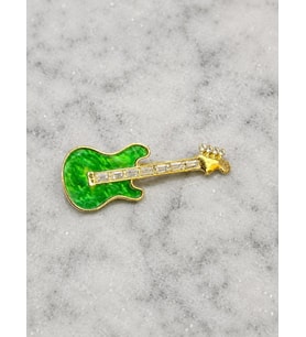 Yeşil Gitar Figürlü Mine Detaylı Baget Kristal Taşlı Altın Renk Kadın Broş
