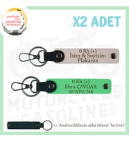 Hız Severlere Özel, İsim Plaka ve 0 Rh (+) Kan Grubu Yazılı Deri x2 Anahtarlık, Pudra-F Yeşil-Laci