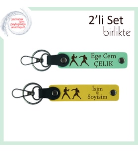 Boks Eldiveni Motifli, Kişiye Özel 2’li Anahtarlık, Erkek Sporcuya Hediye Seçeneği, Açık Yeşil-Sarı