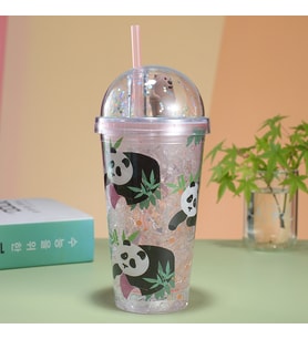Pandacık Işıklı ve Pipetli Bardak, 450 ml, Buzlu ve Kapaklı, Pembe, 20x8 (Pembe)