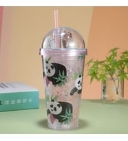 Pandacık Işıklı ve Pipetli Bardak, 450 ml, Buzlu ve Kapaklı, Pembe, 20x8 (Pembe)