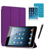 Apple iPad Mini 2 / Mini 3 Uyumlu Smart Cover Tablet Kılıfı Ekran Koruyucu Kalem Set (Mor)