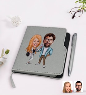 BK Gift Kişiye Özel Sevgililer Karikatürlü Gri Termo Deri Defter Kalem Seti-93