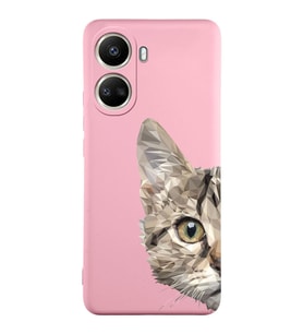 Vivo Y16 Uyumlu Lansman Kılıf Catface Tasarımlı İçi Kadife Kapak-Pembe (Şeffaf)
