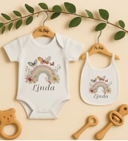 Pia Baby Premium %100 Pamuk İsme Özel Organik Baskılı Çıtçıtlı Bebek Body Ve Önlük 5078-20 (Ekru)