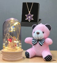 Gerçek Ametist Taşlı Lotus Kolye, Peluş Anahtarlık ve Led Işıklı Fanus Premium Hediye Seti (Model 2)