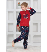 Yeni Sezon Sonbahar/Kış Erkek Çocuk Best Desenli Yaka Düğmeli Polar Pijama Takımı 4533 (Kırmızı)