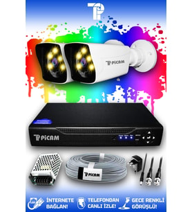 PICAM 2 Kameralı Kare 2 Dış Kamera Set HDD'siz Full HD Renkli Gece Görüşlü Güvenlik Kamerası Sistemi